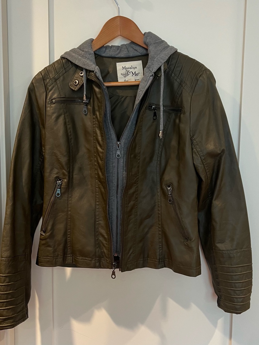 Maralyn & Me Olive Faux Leather Jacket with Gray Hoodie Insert